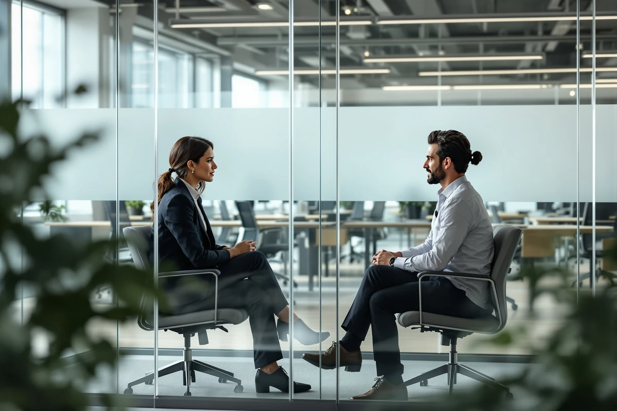 Entretien individuel entre une manager et un collaborateur dans un bureau vitré